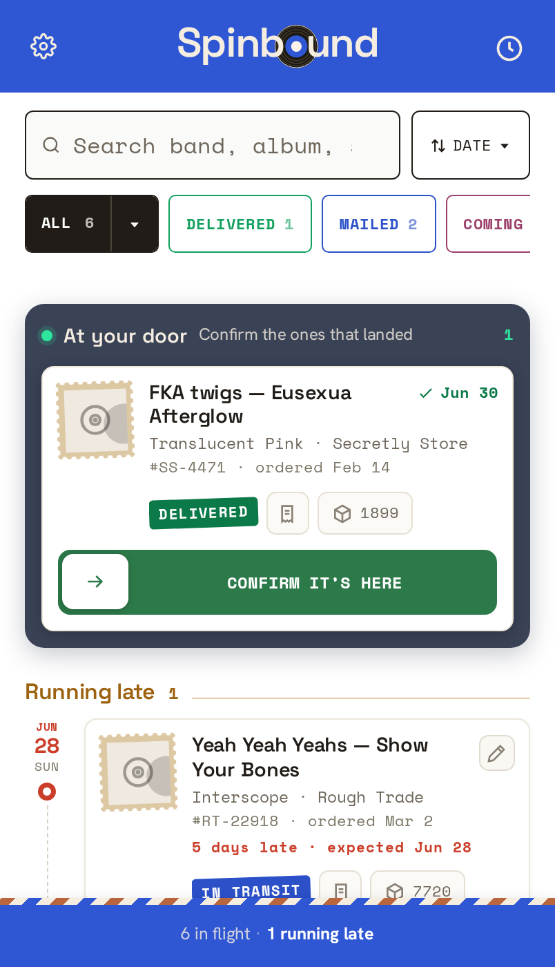 The Spinbound app feed: an ‘At your door’ record ready to confirm and a running-late order flagged in red, on the postal-blue timeline.