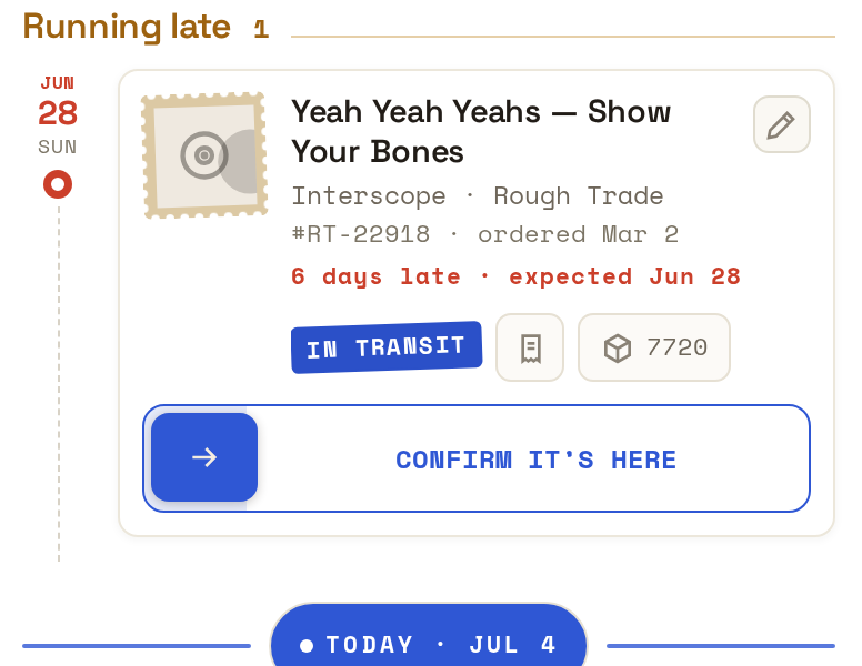 A running-late Spinbound record: Yeah Yeah Yeahs — Show Your Bones flagged ‘6 days late’ in red on the timeline.