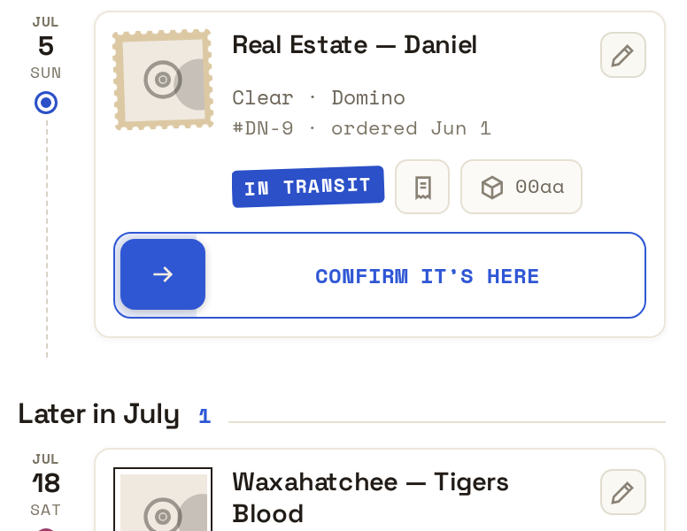 A dated Spinbound timeline: a July 5 record in transit on the spine, a connector running down to a later-in-July pre-order.